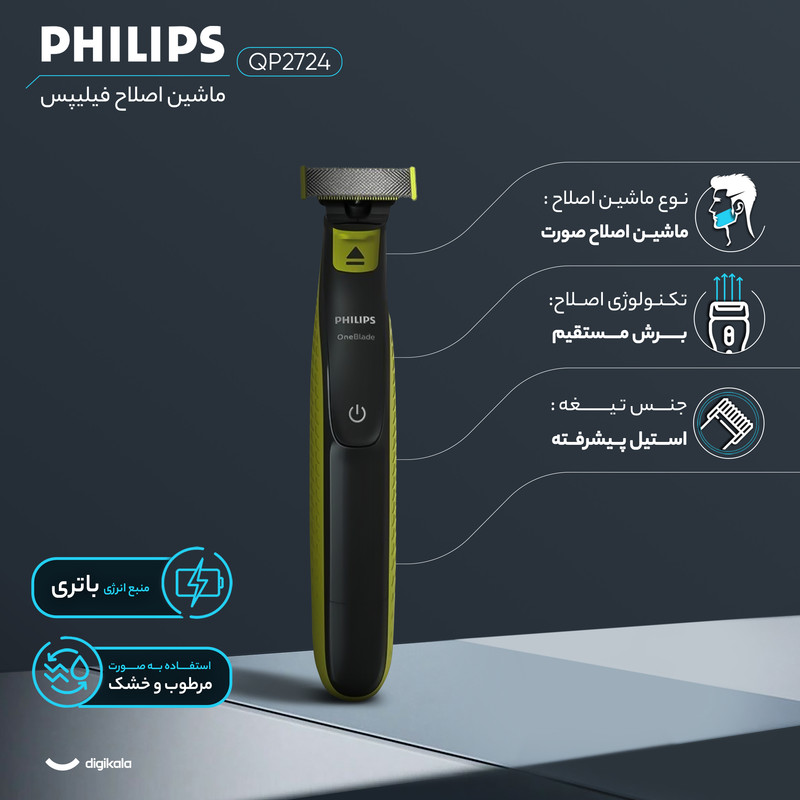 ماشین اصلاح موی صورت فیلیپس مدل QP2724 با تیغه استیل پیشرفته، اصلاح صفر زن با اندازه 0.1 میلیمتر، ضد آب، شارژی با باتری نیکلی هیدرید فلزی، قابلیت اصلاح تر و خشک، همراه با 3 عدد شانه قابل تنظیم، وزن 250 گرم