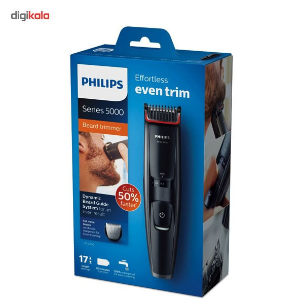 ماشین اصلاح صورت فیلیپس مدل BT5200، 13 با تیغههای تمام فلزی ضد زنگ، قابلیت اصلاح در 17 اندازه مختلف از 0.4 تا 10 میلیمتر، نشانگر باتری 3 حالته، قابل استفاده با سیم و بدون سیم، قابلیت شستوشو، مدت زمان استفاده 60 دقیقه و شارژ سریع