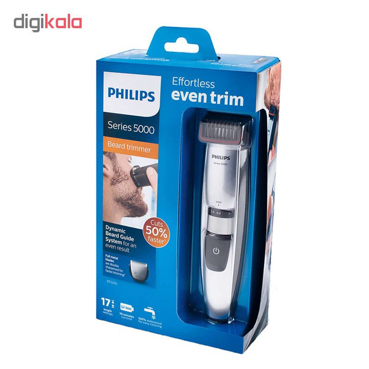 ماشین اصلاح صورت فیلیپس مدل BT5205/23 با تیغه استیل ضدزنگ خودتیز شونده، 17 طول اصلاح از 0.4 تا 7 میلیمتر، قابل استفاده خشک و مرطوب، قابلیت شستوشو، شارژ سریع و 70 دقیقه زمان استفاده