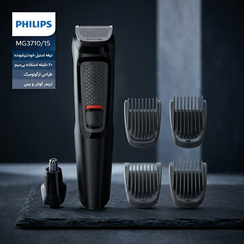 ماشین اصلاح موی سر و صورت فیلیپس مدل MG3710/15 با تیغه استیل ضد زنگ خودتیزشونده، باتری قابل شارژ با 60 دقیقه استفاده بیسیم، طراحی ارگونومیک و قابلیت اصلاح خط زن و حجم زن همراه با تریمر گوش و بینی