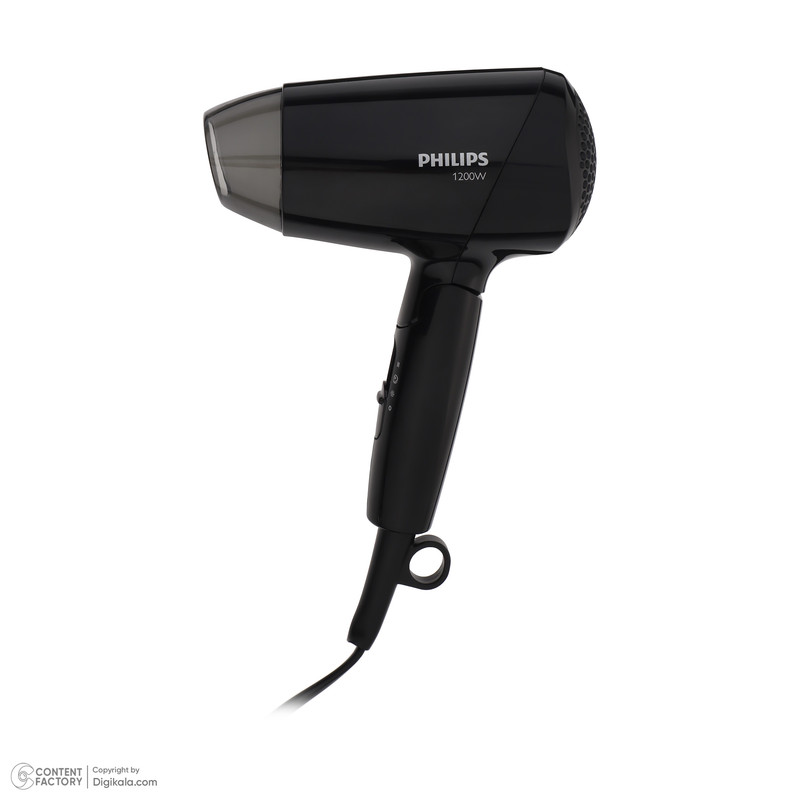 سشوار مسافرتی 1200 وات فیلیپس مدل BHC010، موتور DC، وزن 340 گرم، دارای سری متمرکزکننده پهن، با دسته ارگونومیک